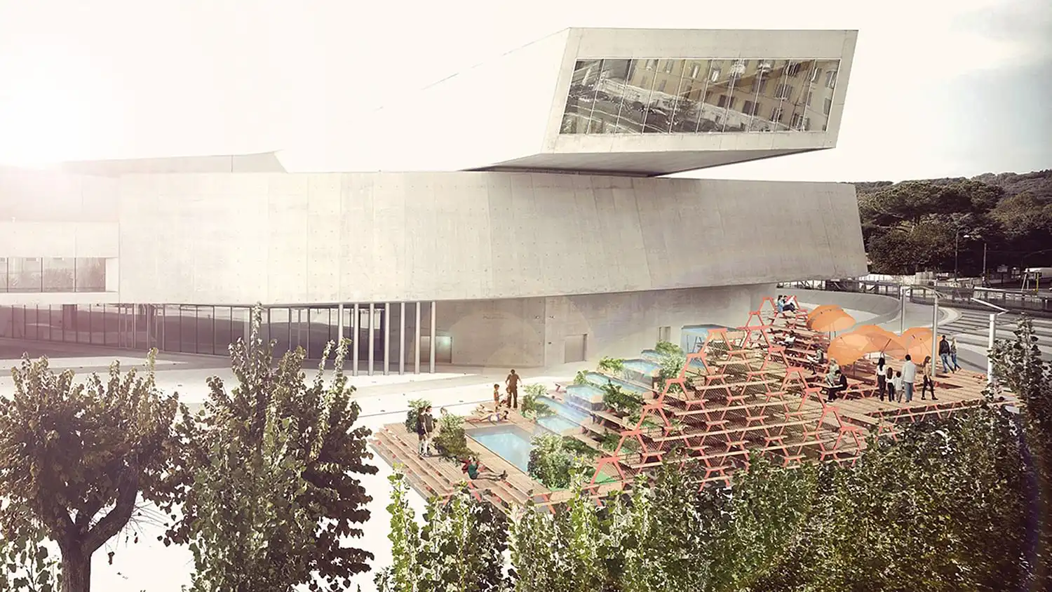 Vista general aérea de la propuesta de intervención urbana Picnictopía para MAXXI YAP, 2016